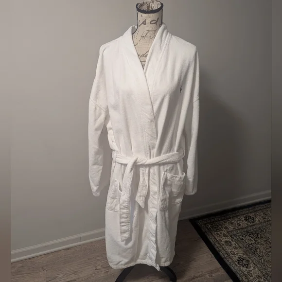 Mens Polo Ralph Lauren Bath Robe Size L/XL White Terry Cloth Pony Horse - Picture 3 of 14